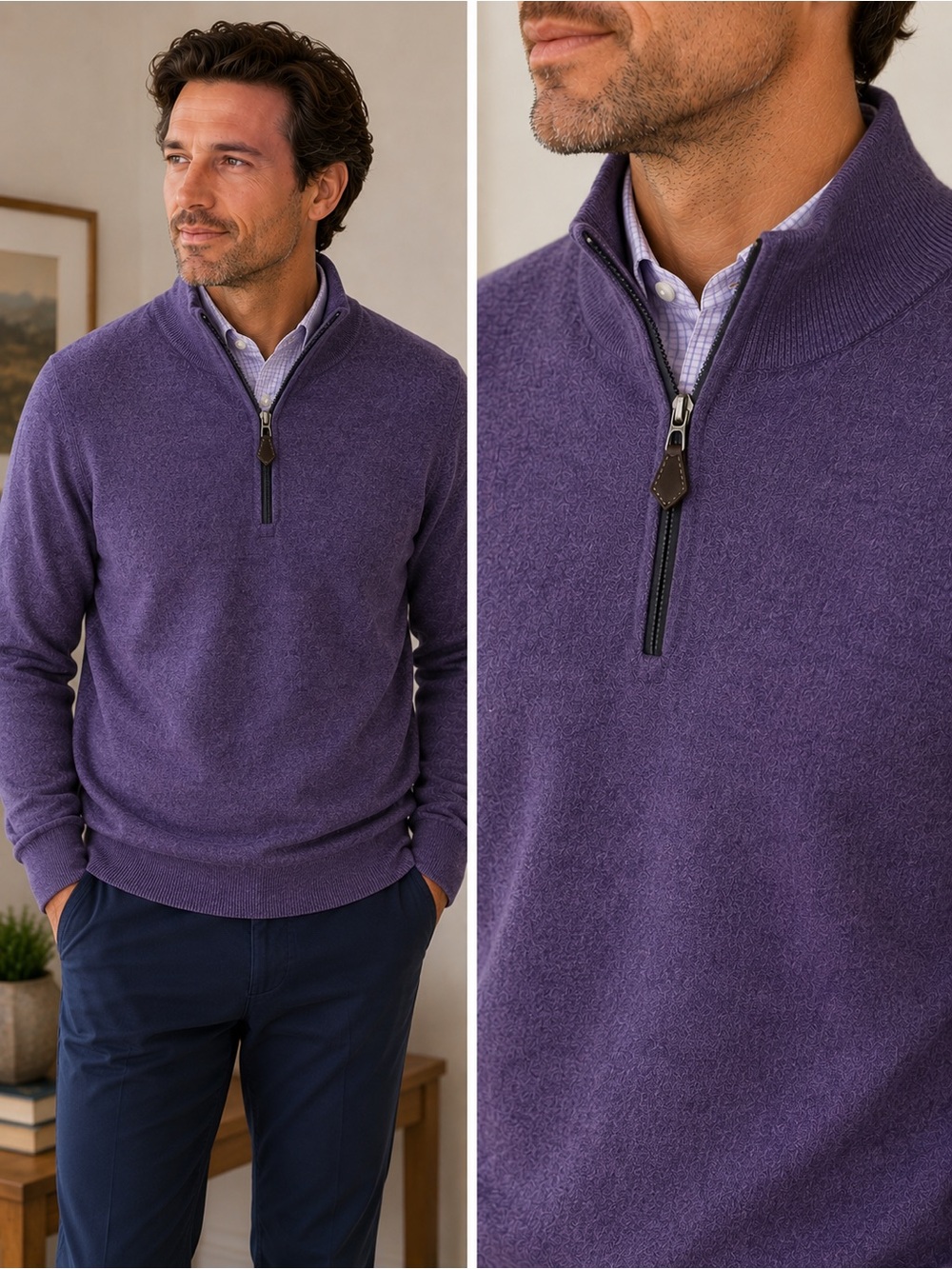 Neiman Marcus Nano Cashmere 100% Cashmere Quarter Zip Sweater Purple | Size M
